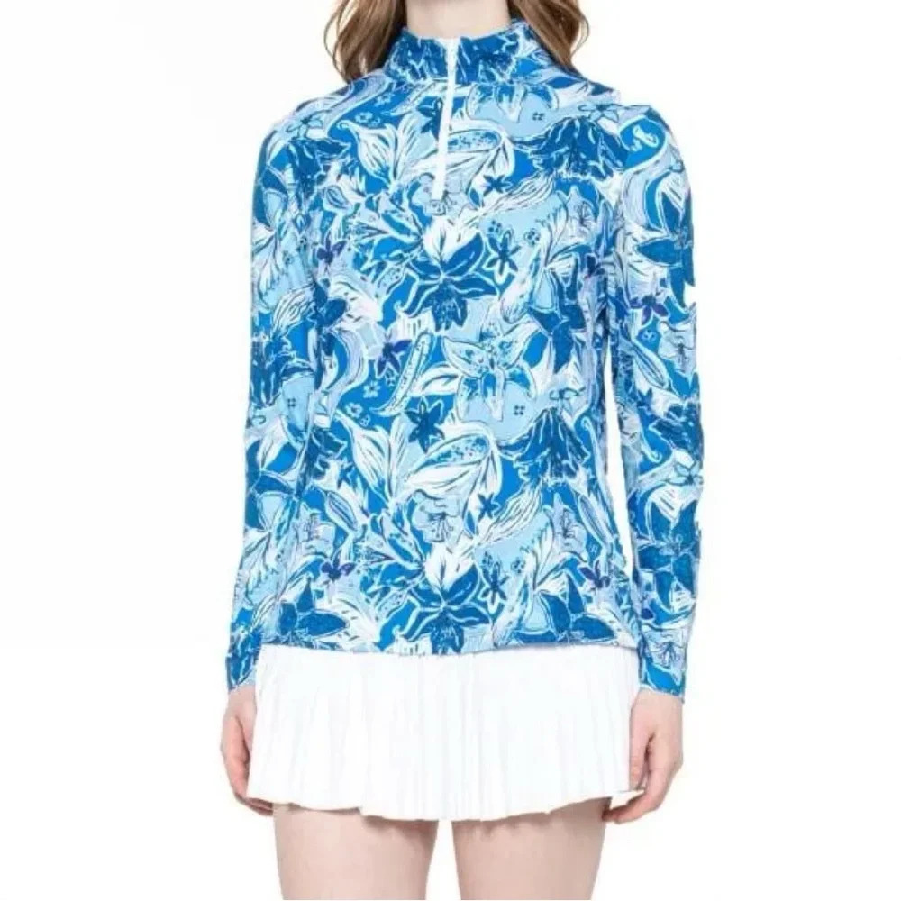 Gottex Tops 1/4 Zip Longsleeve Floral Printed Blue High-Neck Golf Size L